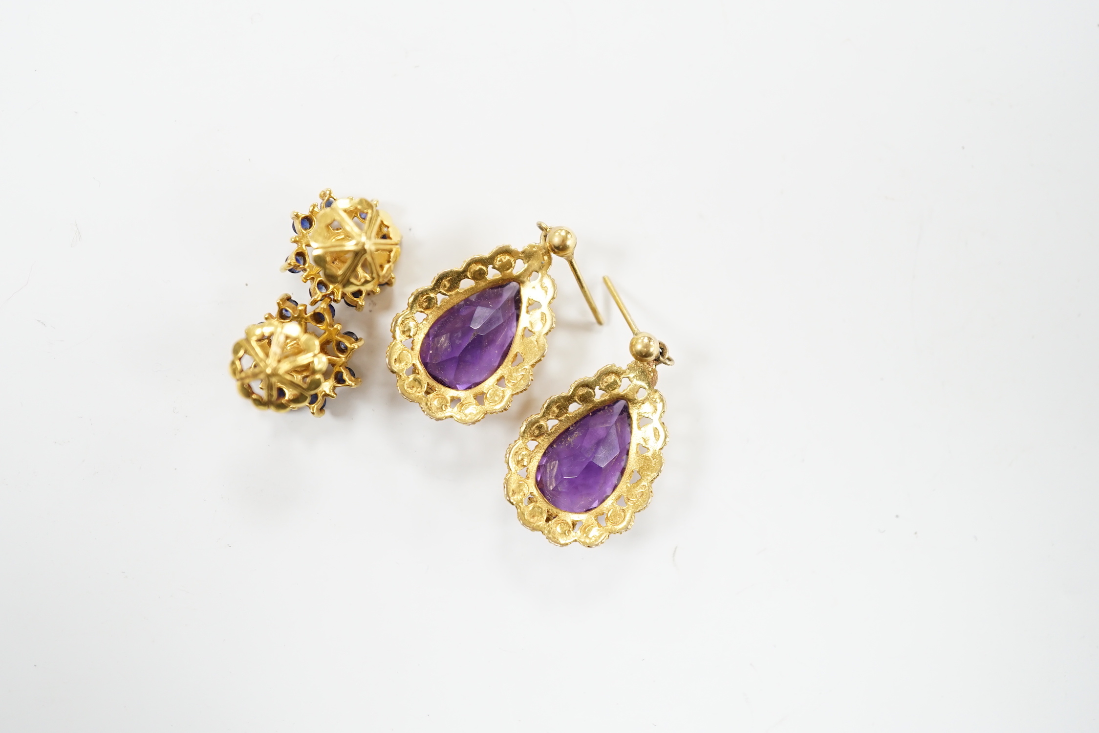 Two pairs of yellow metal and gem set earrings including amethyst pear cut, 21mm